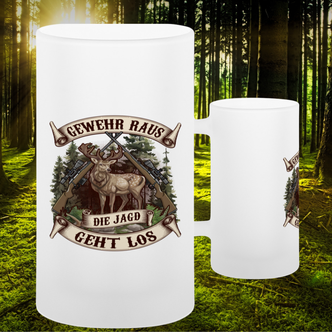 Glas-Bierkrug satiniert "Die Jagd geht los"