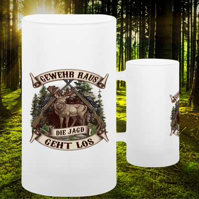 Glas-Bierkrug satiniert "Die Jagd geht los"